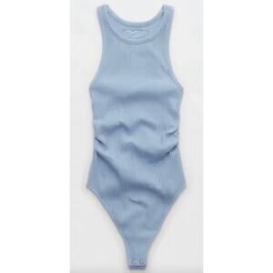 Aerie | NWT | High Neck Ribbed Ruched Bodysuit in Light Blue | Sz S